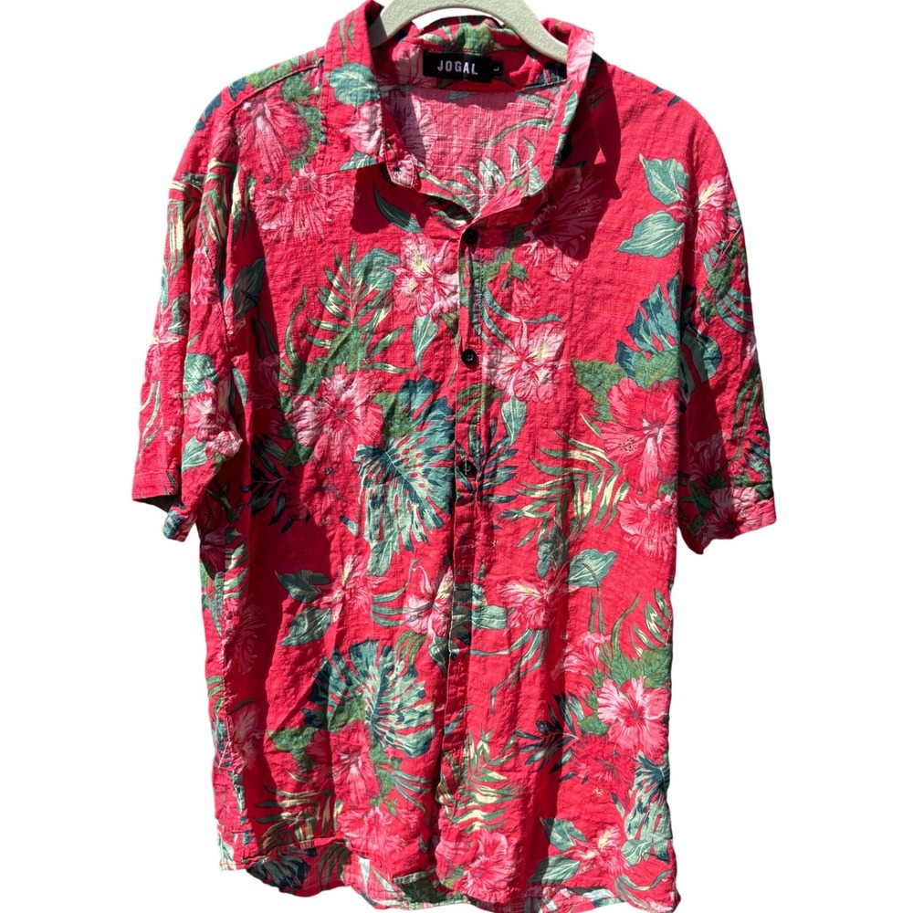 JOGAL Mens‎ Red Tropical Floral Print Short Sleeve Button Up Shirt Size L